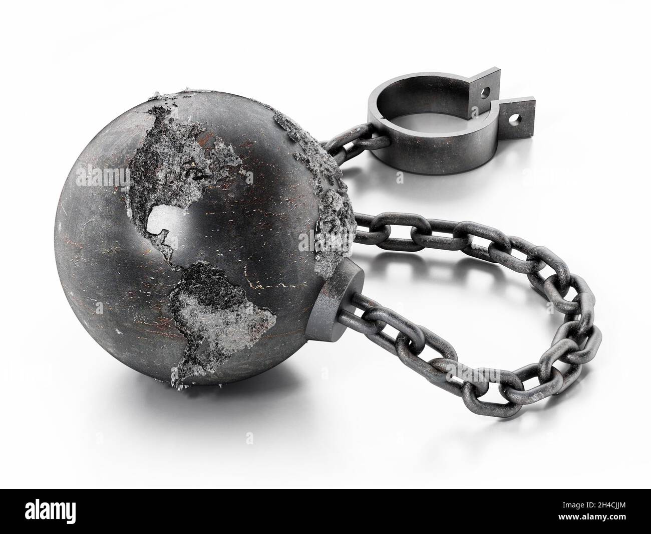 Chain and shackles connected to earth shaped metall sphere. 3D illustration. Stock Photo