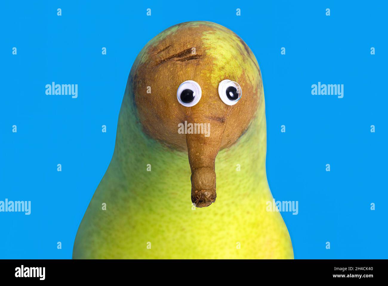 Portrait of a cute green pear with googly eyes isolated on blue background. Stock Photo