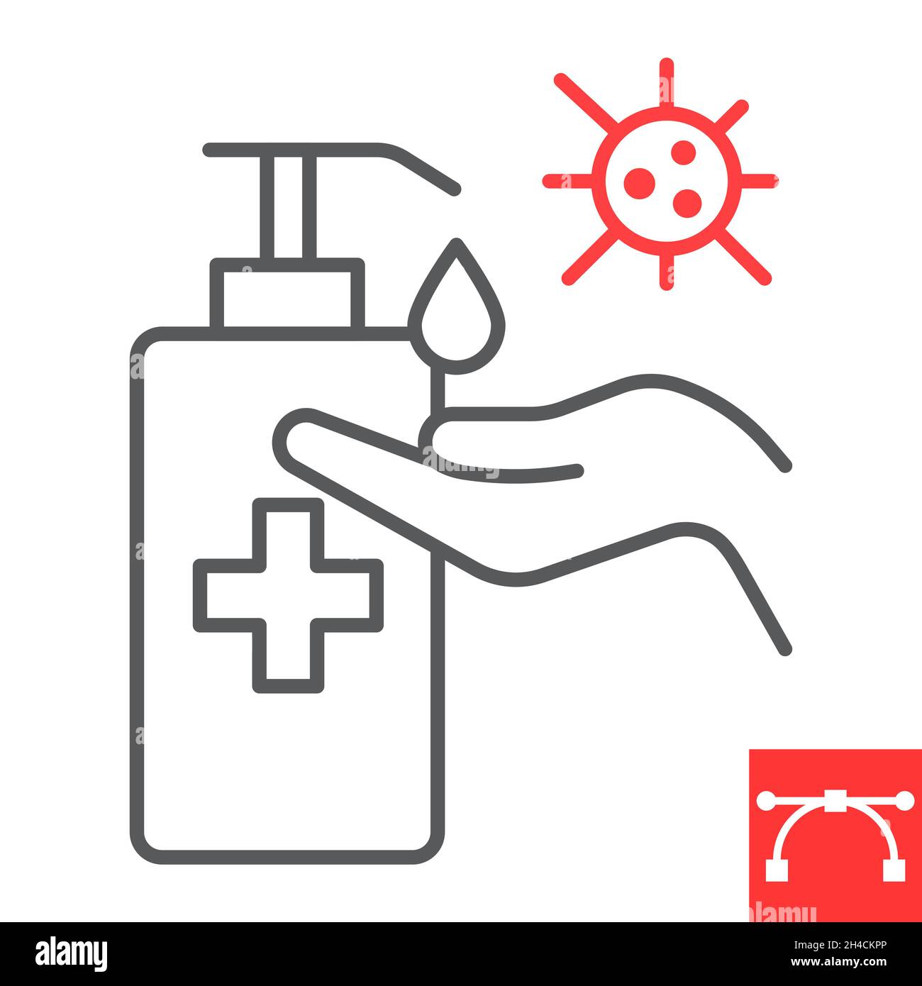 Hand sanitizer line icon, sanitizing and soap, washing hand vector icon, vector graphics, editable stroke outline sign, eps 10. Stock Vector