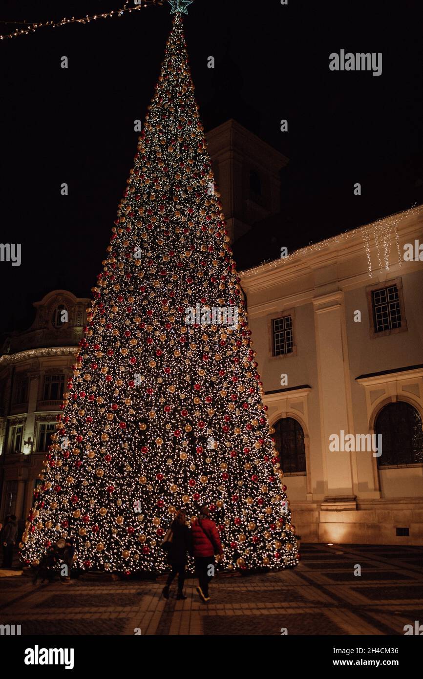 Very tall outdoor Christmas tree with lots of lights and globes Stock