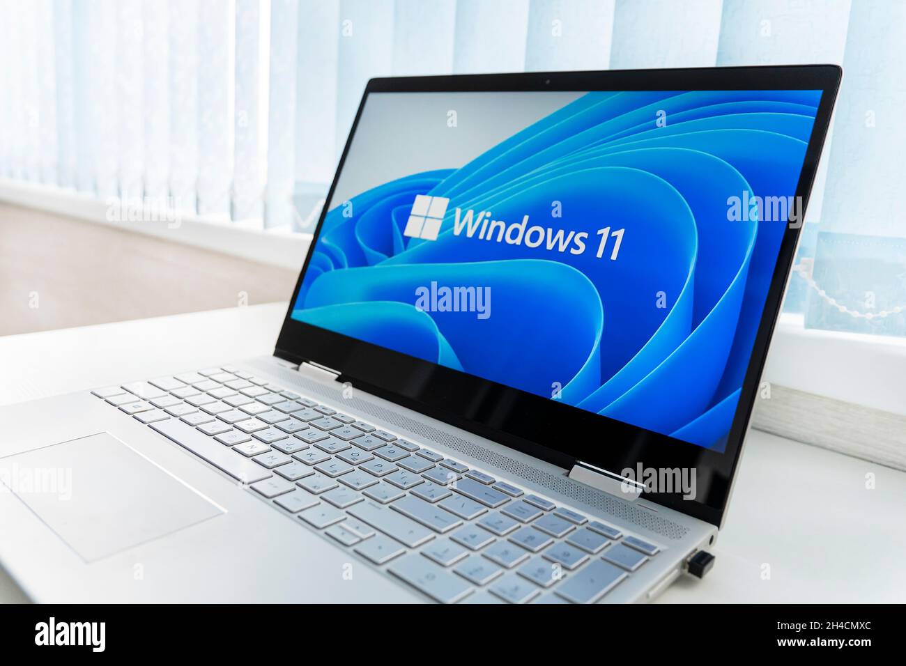 November 2, 2021. Barnaul, Russia. Windows 11 logo on laptop screen. A new operating system update from Microsoft Stock Photo