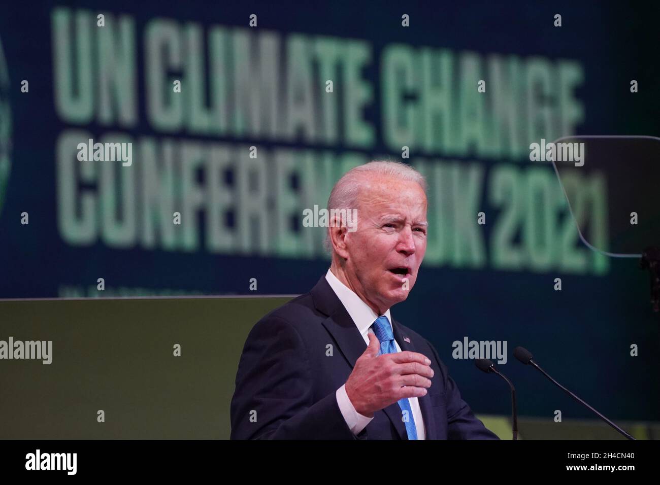 US President Joe Biden speaks at the Leaders' Action on Forests and Land-use event during the Cop26 summit at the Scottish Event Campus (SEC) in Glasgow. Picture date: Tuesday November 2, 2021. Stock Photo