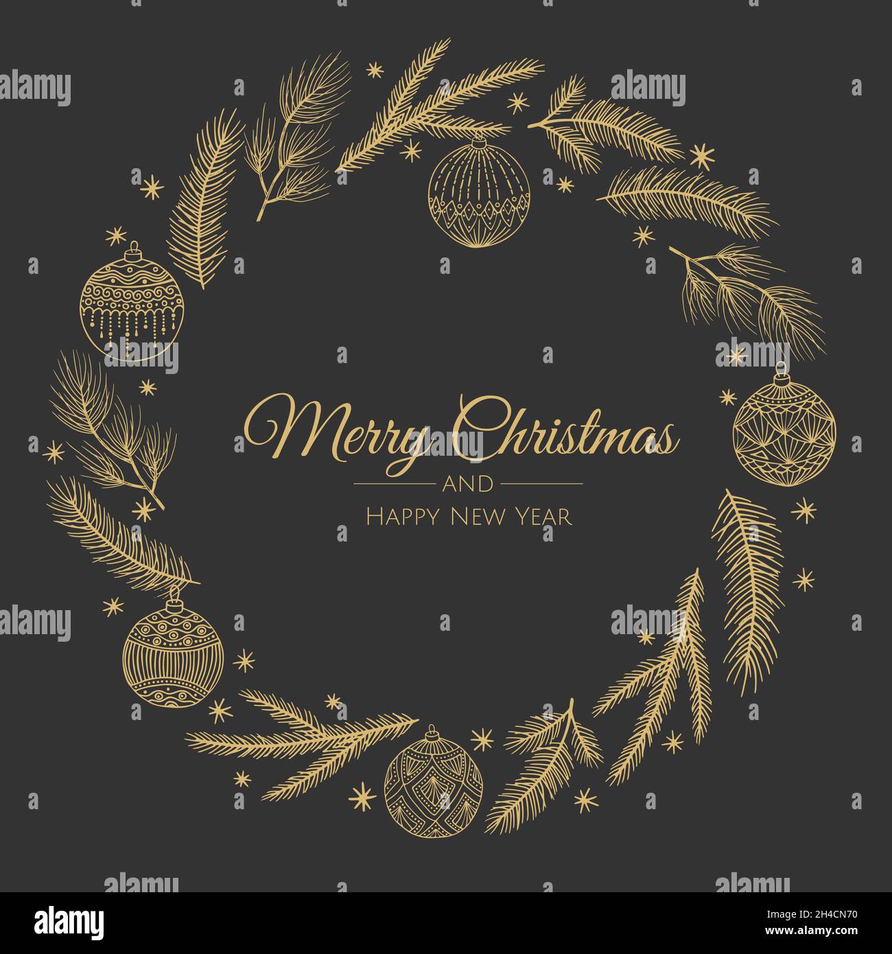Merry Christmas and New Year Card with Pine Wreath, Mistletoe, Winter ...