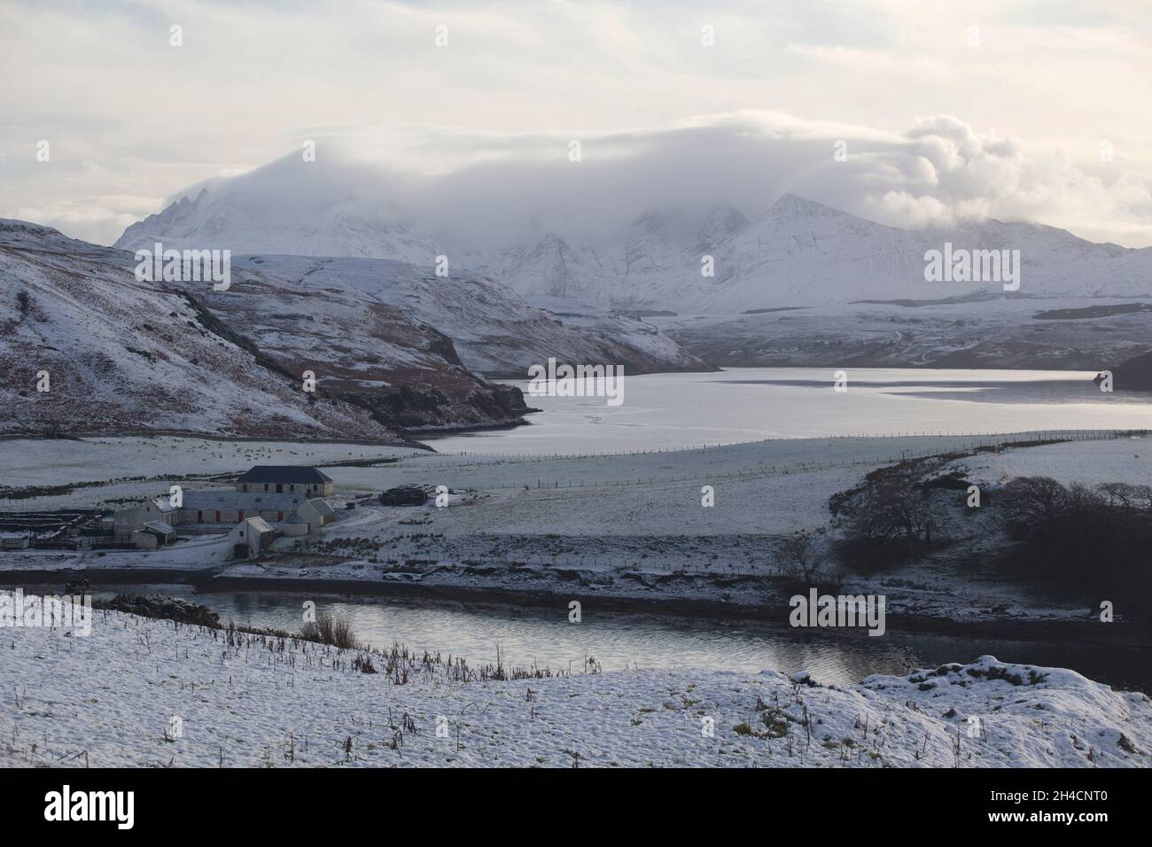 Gesto Bay, Loch Harport and Cuillin Hills, Isle of Skye, Scotland, UK. From the viewpoint on the A863 Stock Photo