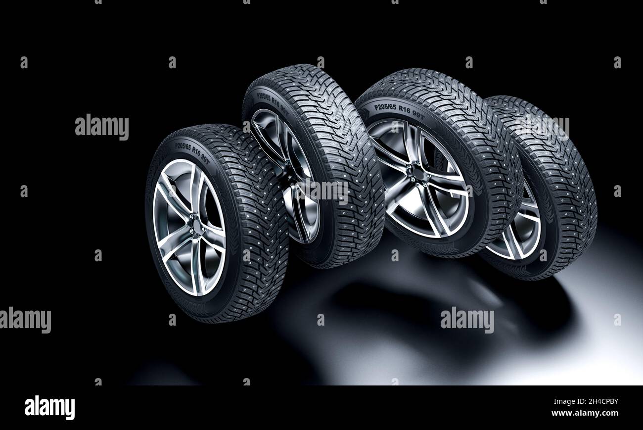 winter tires jumping on black. 3d render Stock Photo Alamy