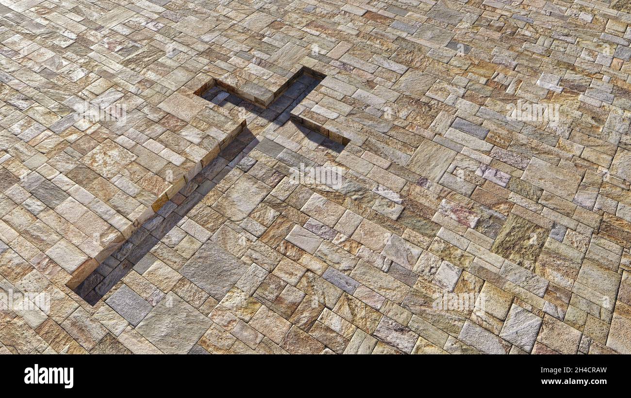 Concept or conceptual cross on a vintage pattern limestone background. 3d illustration metaphor for God, Christ, Christianity, religious, faith, holy, Stock Photo