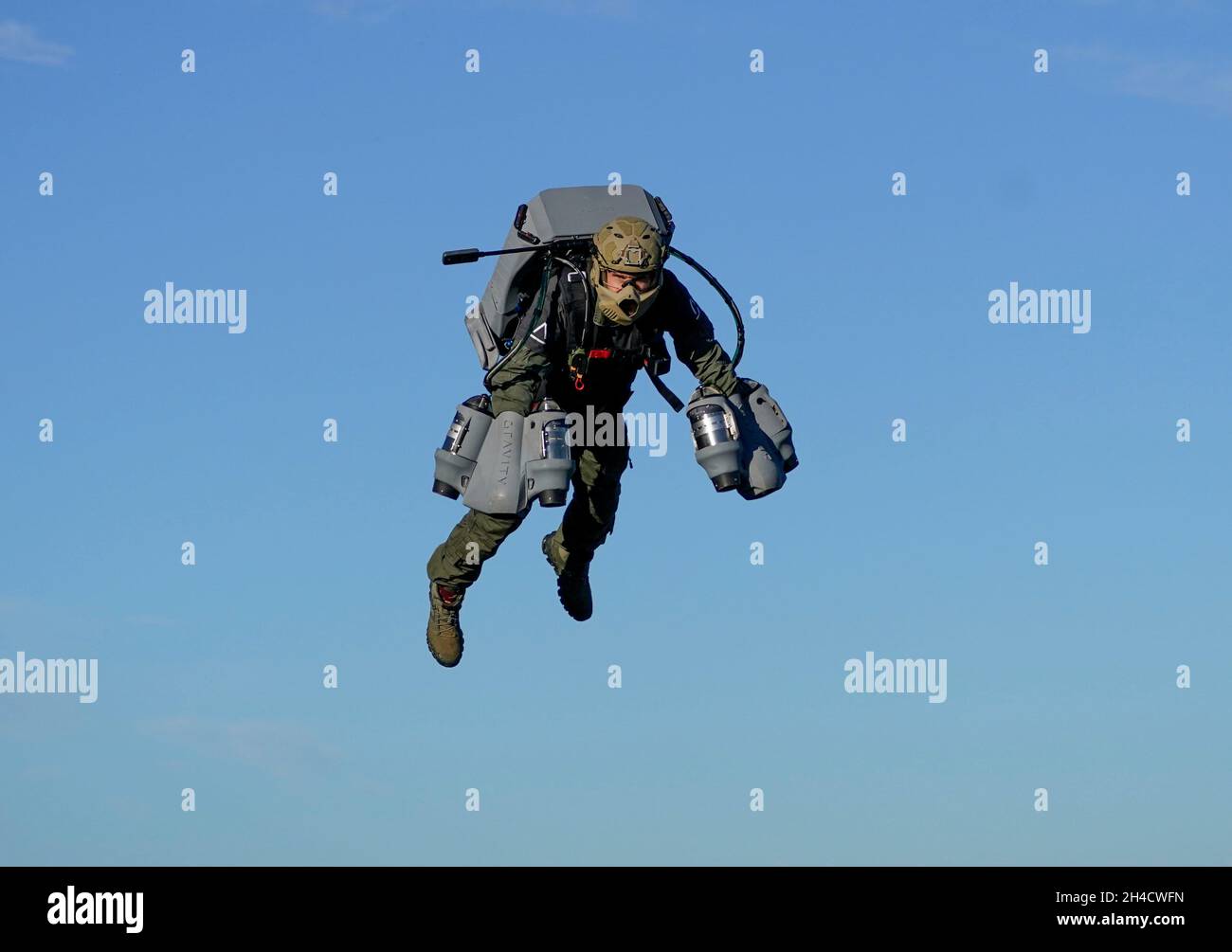 Human Jet 'Jet Man' Richard Browning demonstrating Gravity, a human jet suit ...