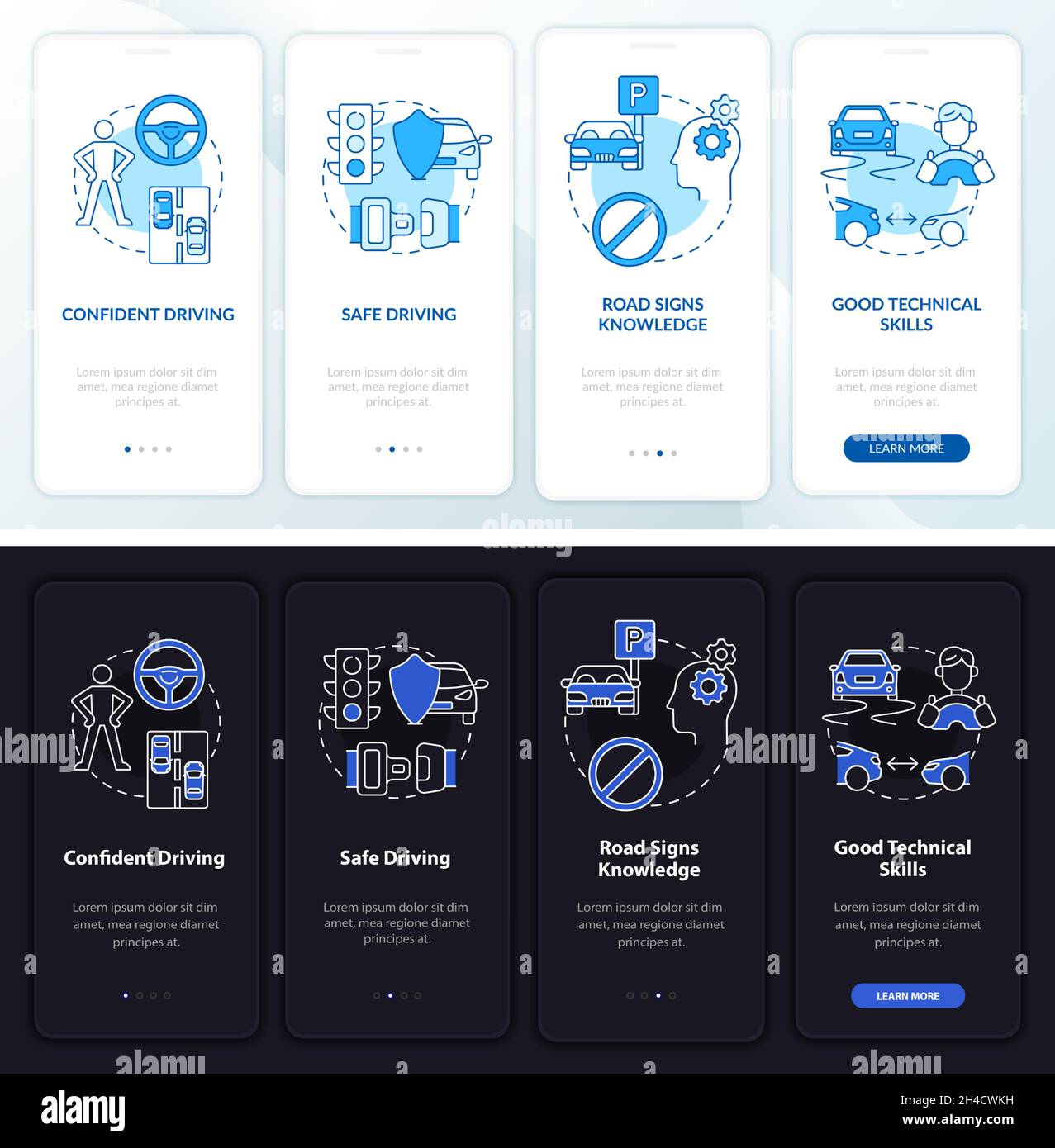 Driving course results dark, light onboarding mobile app page screen Stock Vector