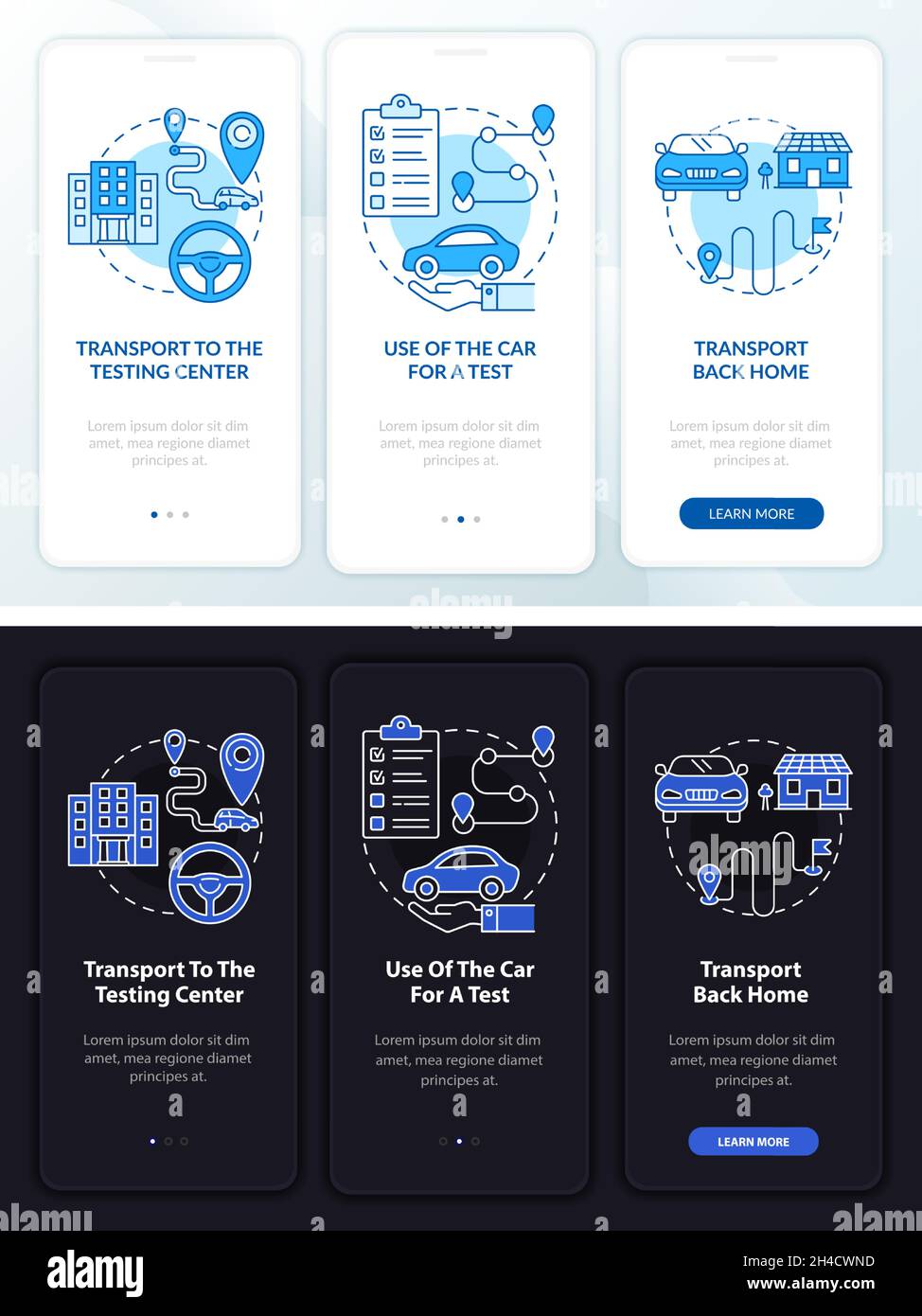 Road test services dark, light onboarding mobile app page screen Stock Vector