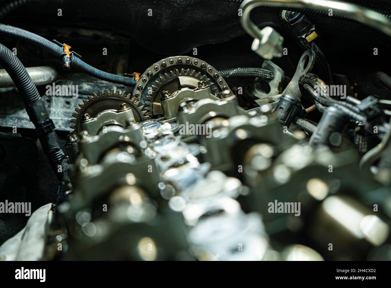 Detail of Timing chain of the car engine disassembled for maintenance ...