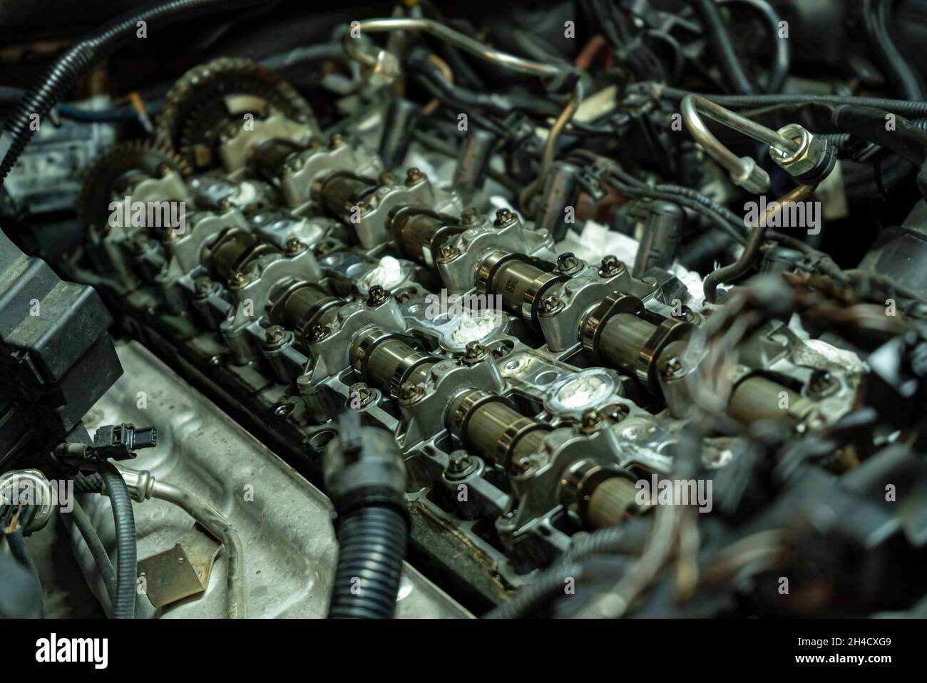 Detail of Car engine camshafts disassembled for maintenance Stock Photo