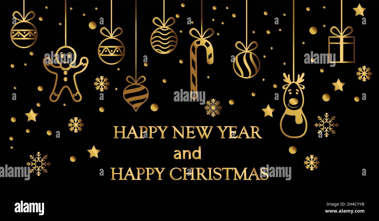 Christmas tree decorations in gold color on a black background - Vector ...