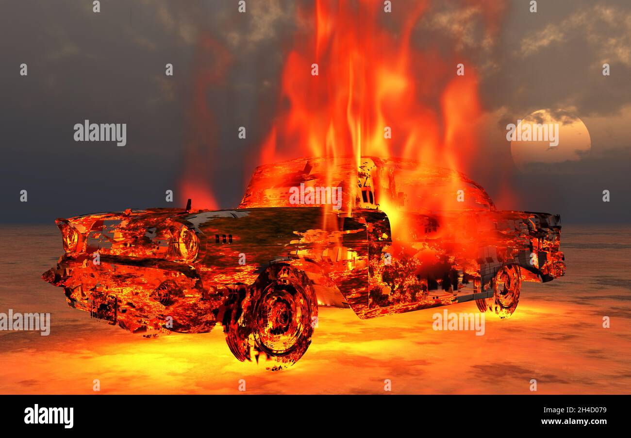A Chevrolet Car On Fire Stock Photo Alamy