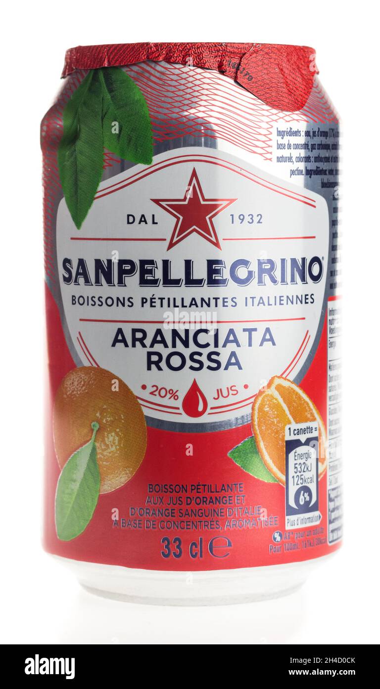 Can of Italian San Pellegrino Aranciata Rossa sparkling drink isolated on a white background Stock Photo