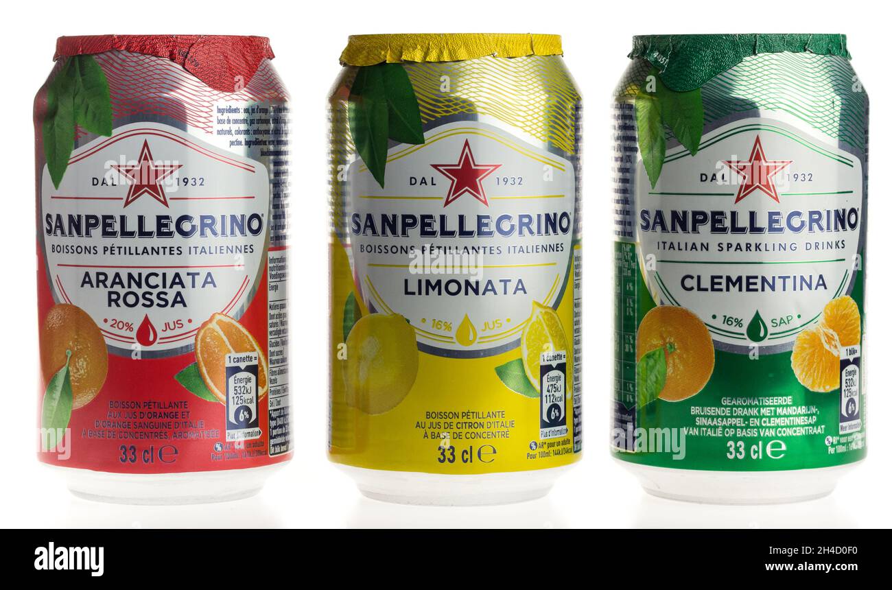 Cans of Italian San Pellegrino sparkling drinks isolated on a white background Stock Photo