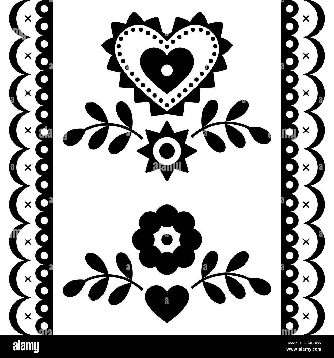 Ethnic Polish vector long seamless vector black pattern, floral ornament with hearts inspired by traditional highlanders embroidery Lachy Sadeckie Stock Vector