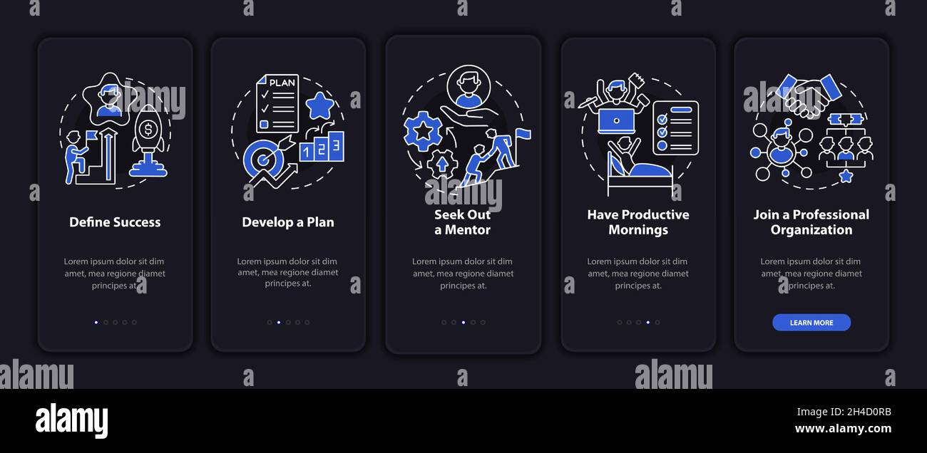 Productive work to develop career onboarding mobile app page screen Stock Vector