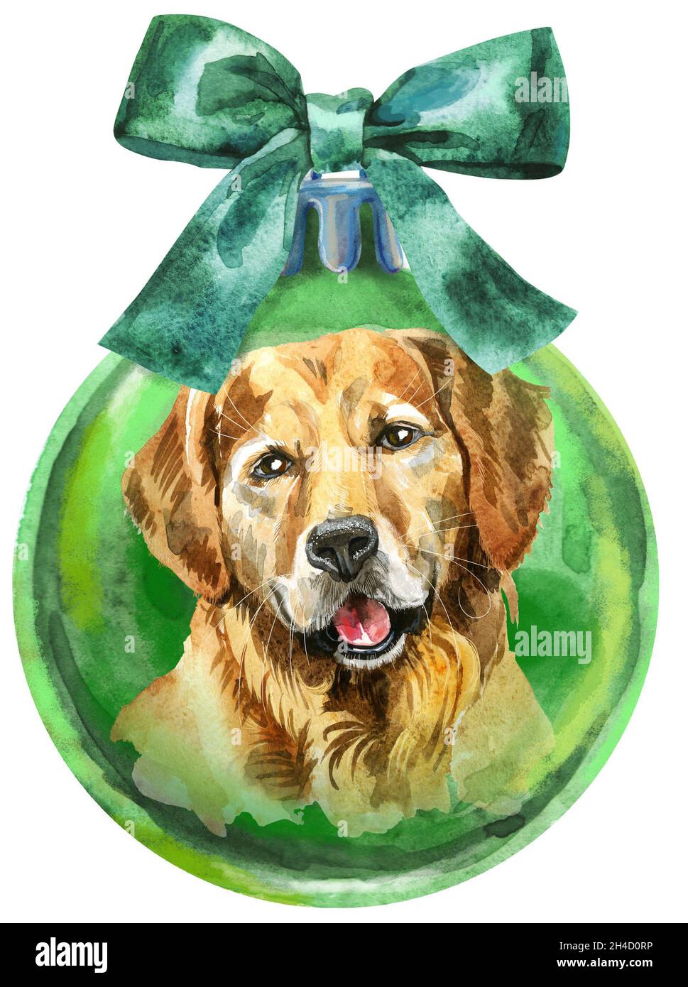 Watercolor Christmas green ball with bow and dog isolated on a white ...