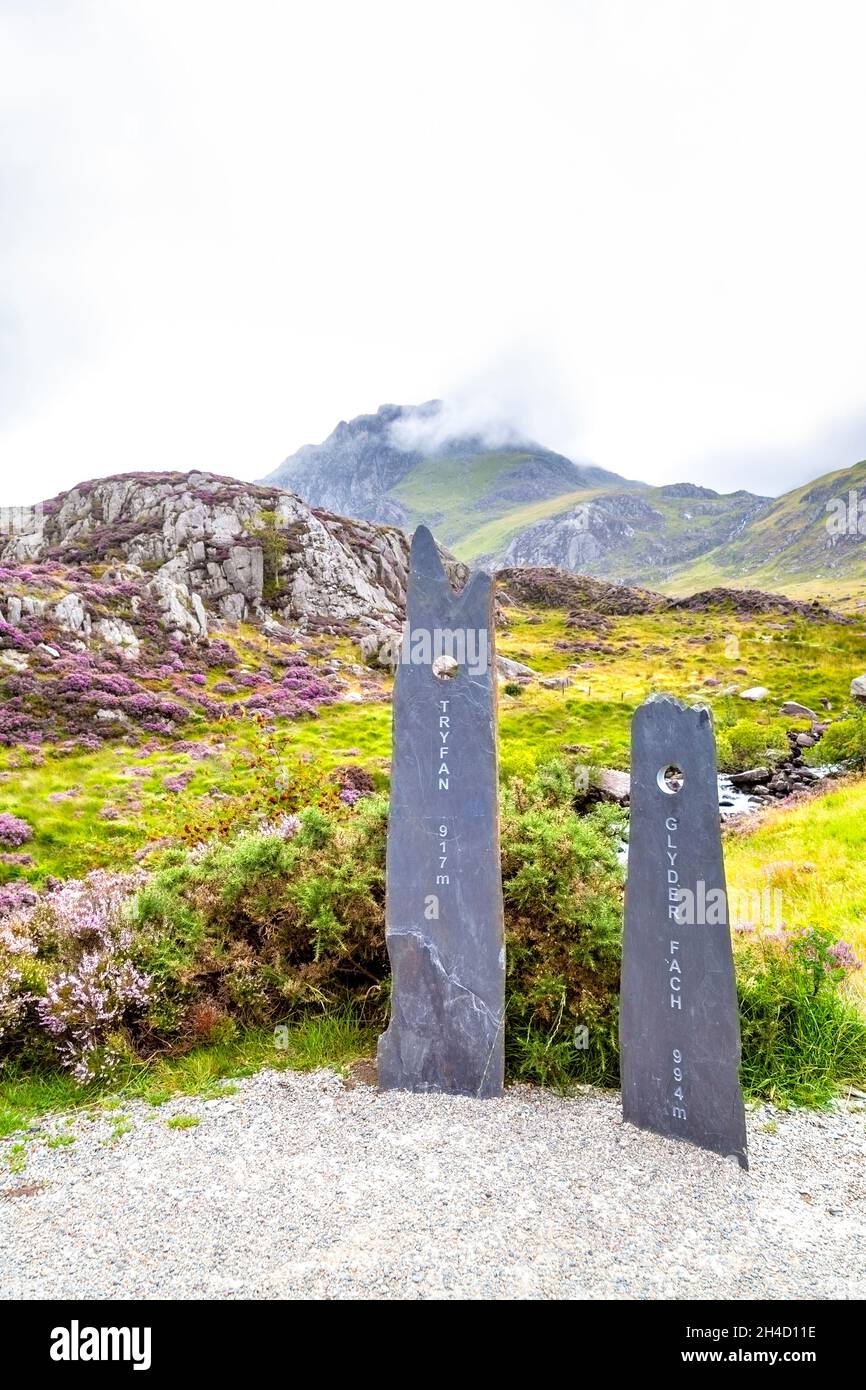 Markers for summits at Cwm Idwal Nature Reserve, Snowdonia, Wales, UK Stock Photo
