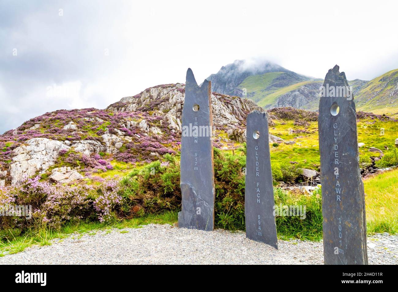 Markers for summits at Cwm Idwal Nature Reserve, Snowdonia, Wales, UK Stock Photo