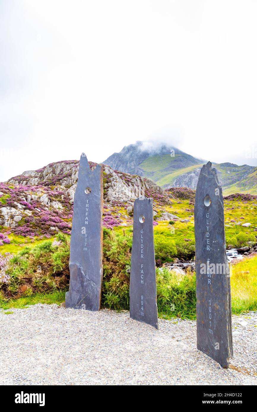 Markers for summits at Cwm Idwal Nature Reserve, Snowdonia, Wales, UK Stock Photo