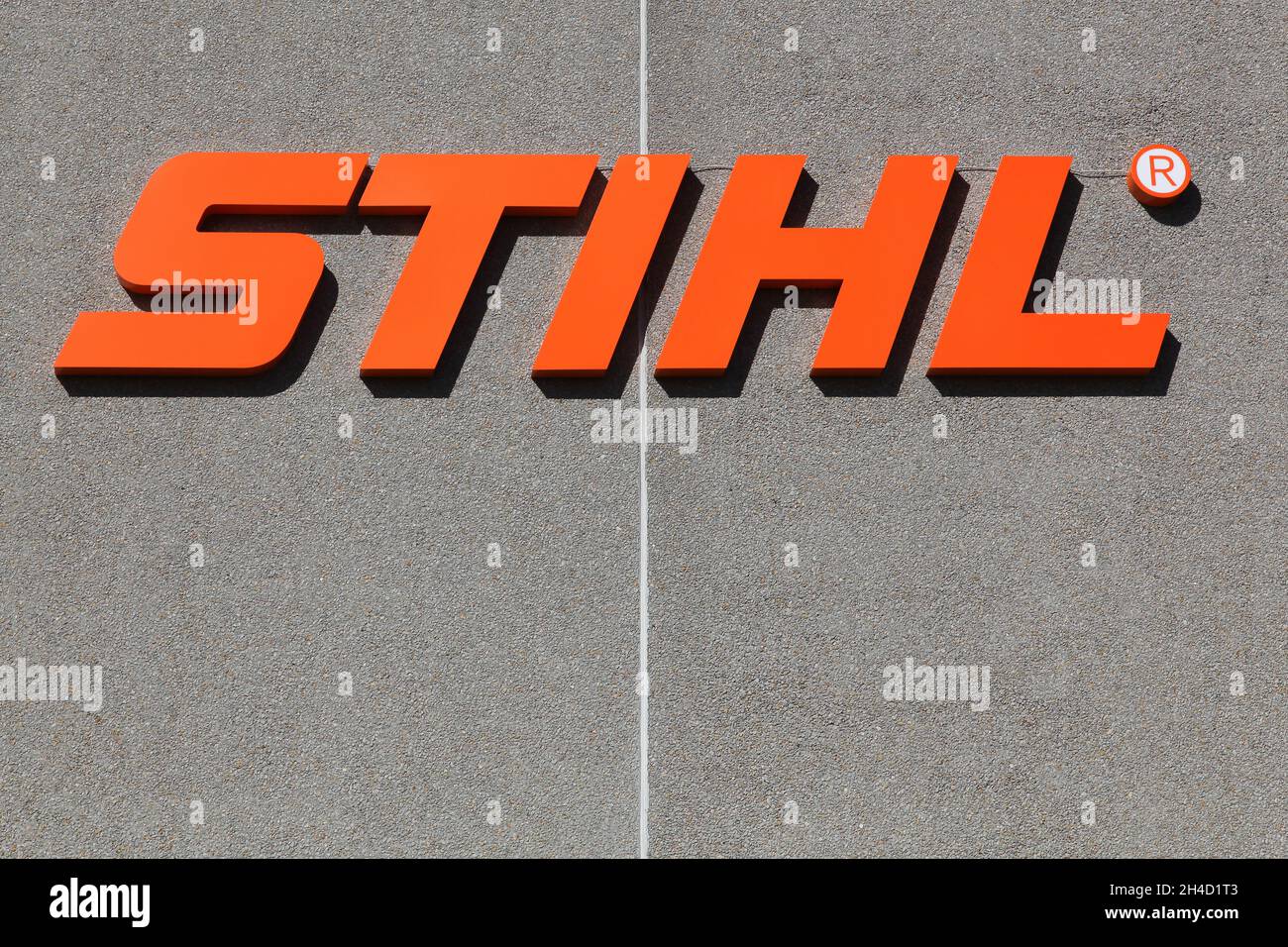 Randers, Denmark - May 5, 2018: Stihl logo on a wall. Stihl is a german manufacturer of chainsaws and other handheld power equipment Stock Photo