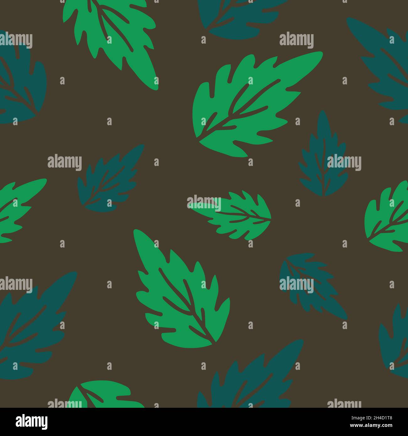 Seamless vector pattern with green blue leaves on brown background ...