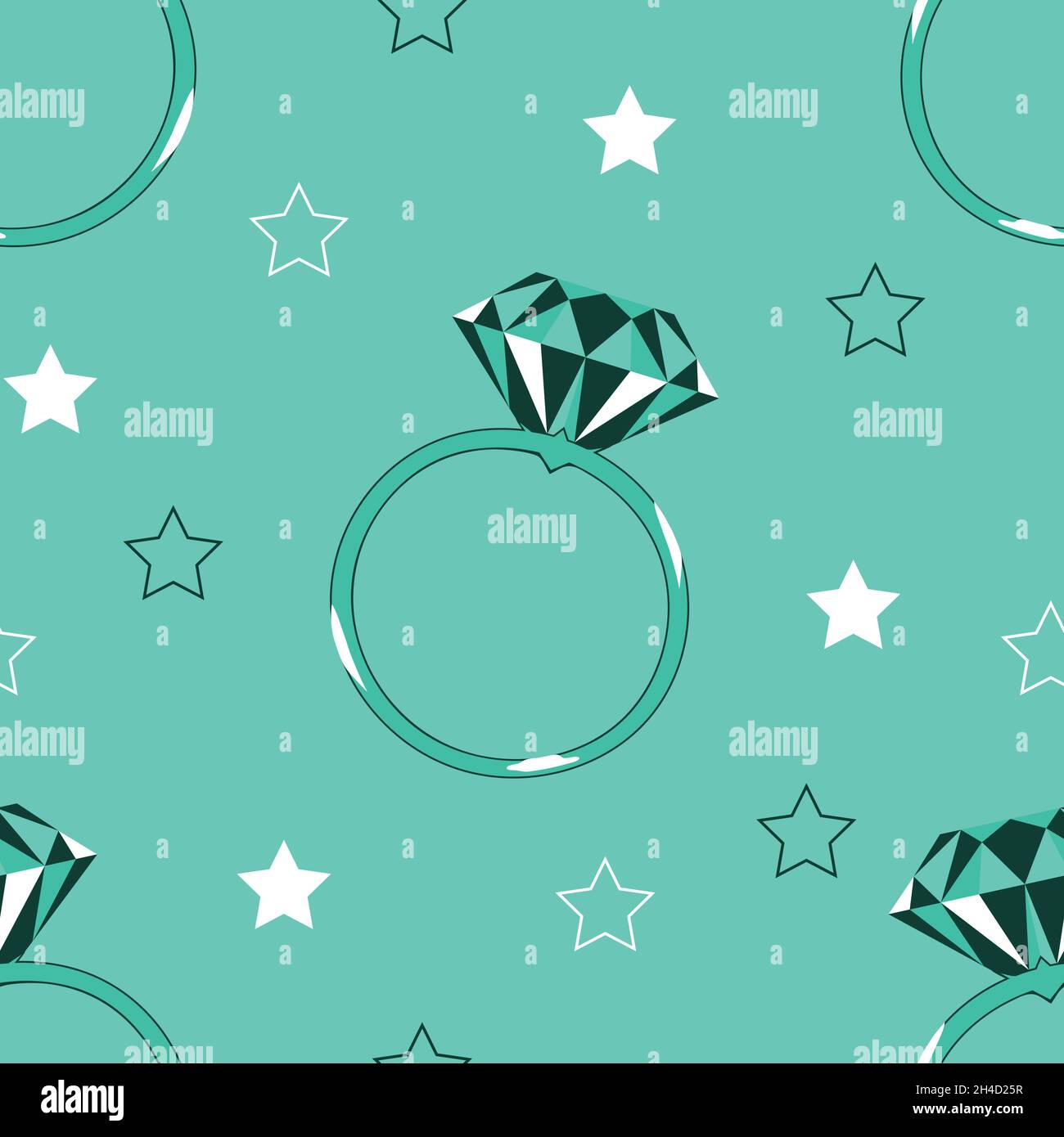 Seamless vector pattern with diamond ring on teal blue background. Simple romantic wedding wallpaper design. Decorative engagement fashion textile. Stock Vector