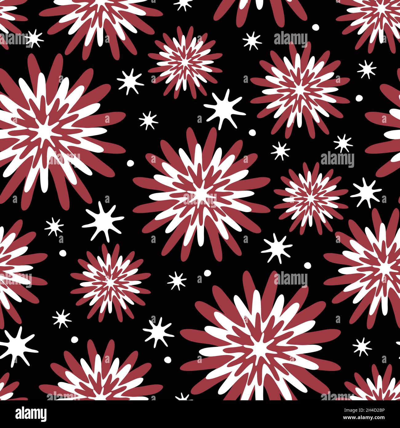 Seamless vector pattern with flower burst on black background. Abstract floral wallpaper design with stars. Starburst fashion textile texture. Stock Vector