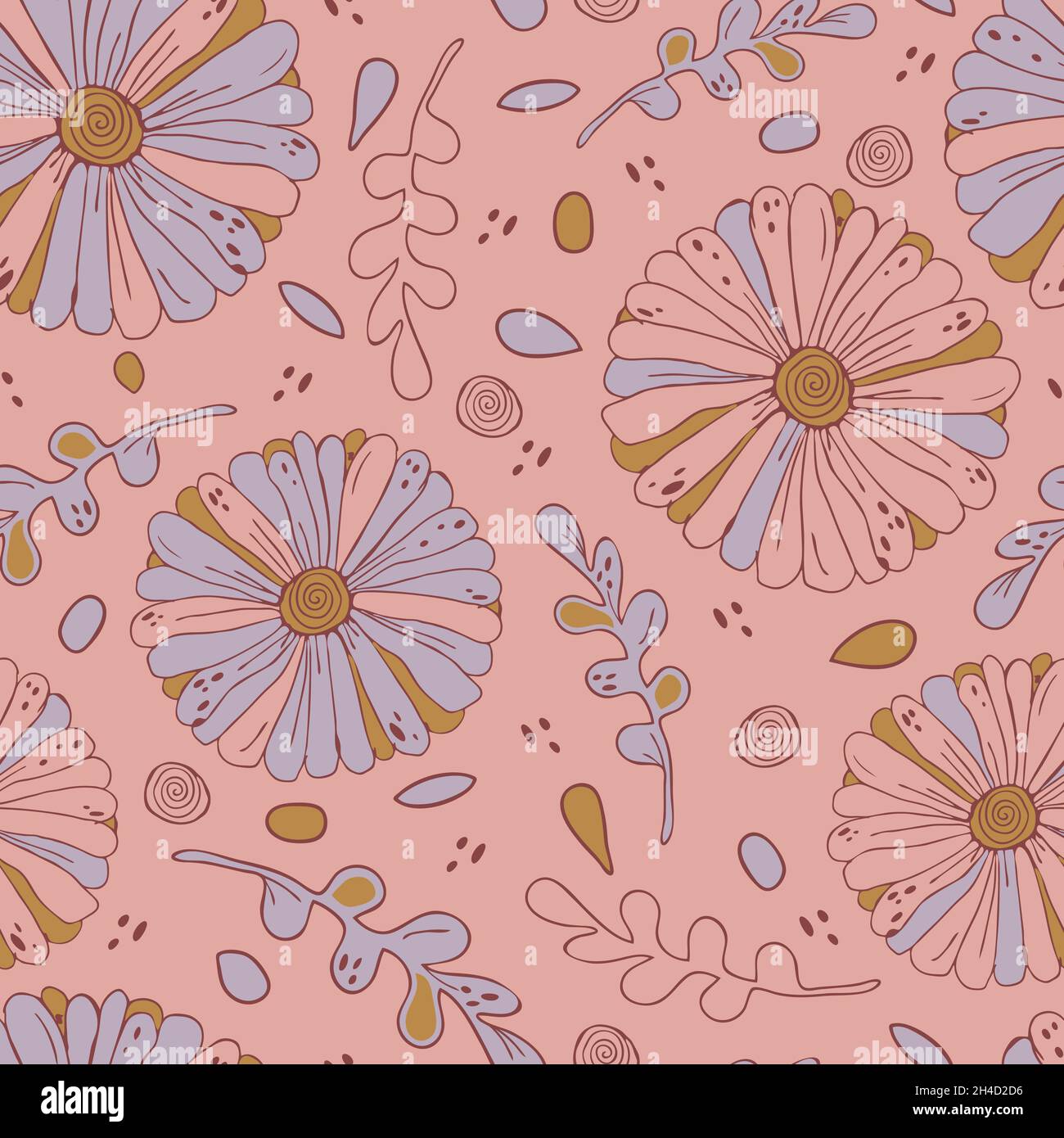 Seamless vector pattern with hand drawn daisy's on pink background. Romantic floral wallpaper texture. Summer flower fashion textile. Stock Vector
