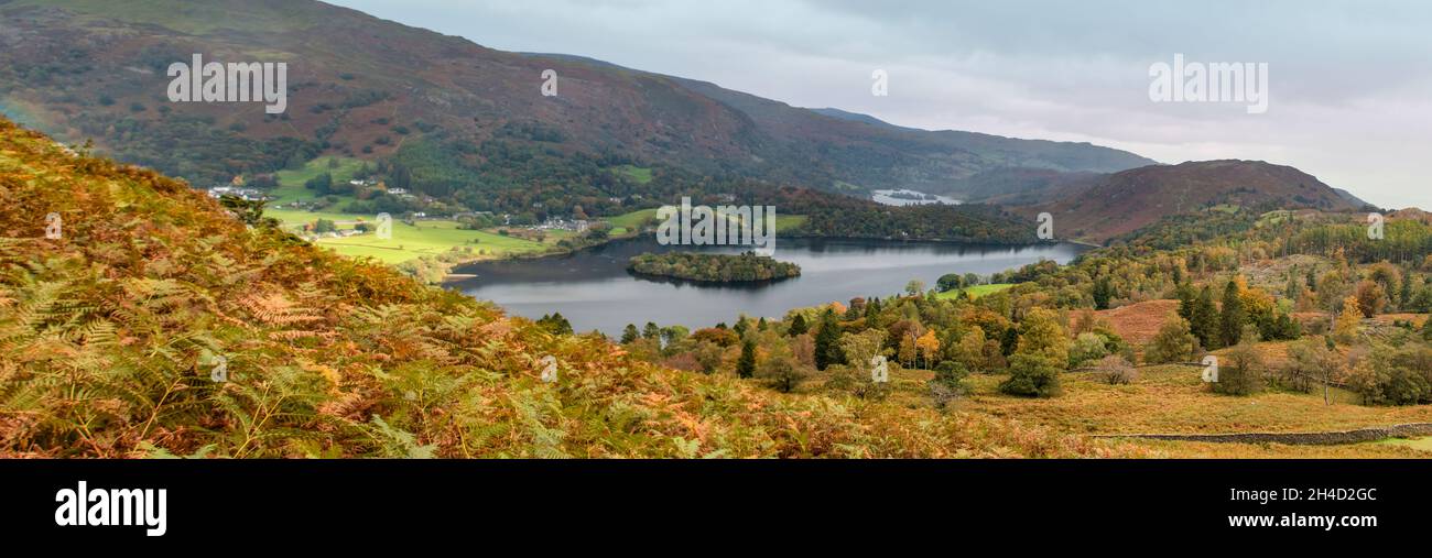 Beautiful panorama of Grasmere, Loughrigg Fell & Rydal Fell from Lang How, Lake District National Park, Cumbria, England, UK Stock Photo