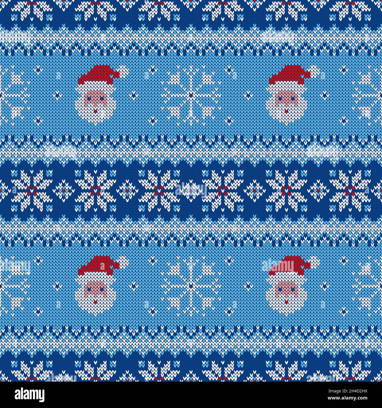 Knitted seamless pattern with Santa Clauses, snowflakes and scandinavian ornaments. Vector background. Blue, red and white sweater print. Stock Vector