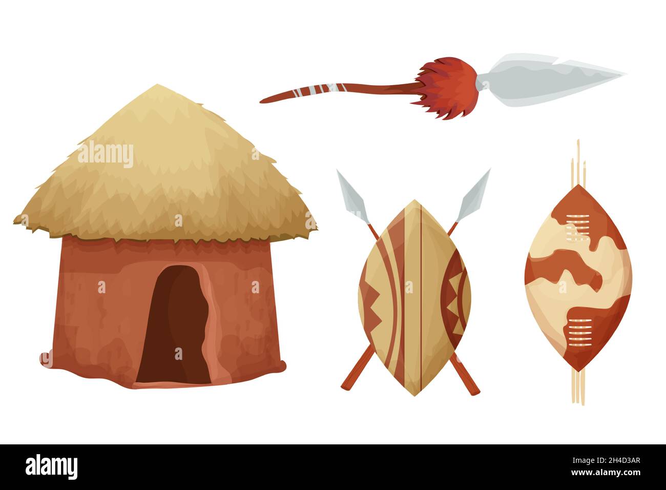 Set African hut with straw roof, shield with spear in cartoon style isolated on white background. Safari tribal collection, rural desert building. Vec Stock Vector