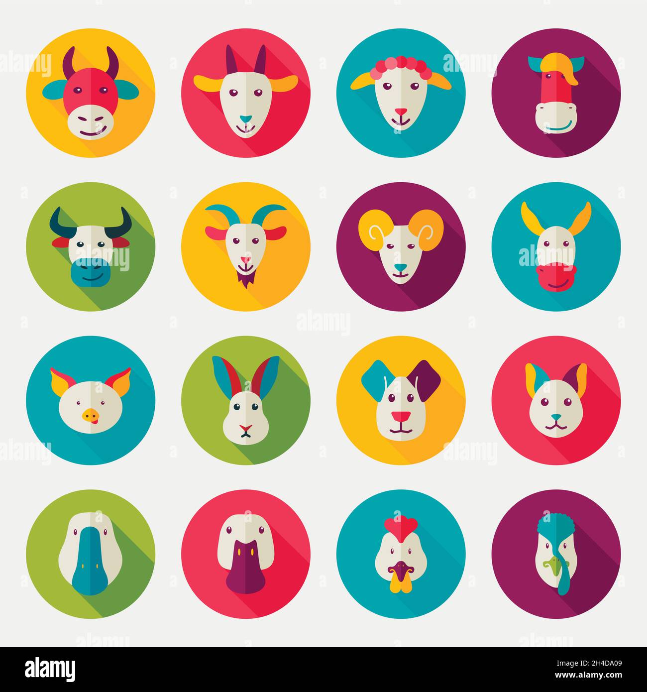 Farm animals flat icons with long shadow, eps 10 Stock Vector Image ...
