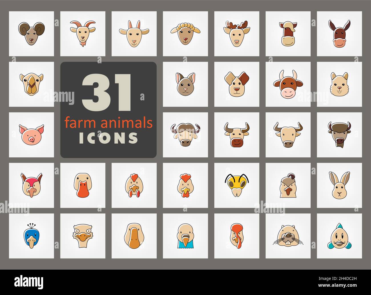 Set of farm animals icons. Vector head outline thin illustration. eps ...