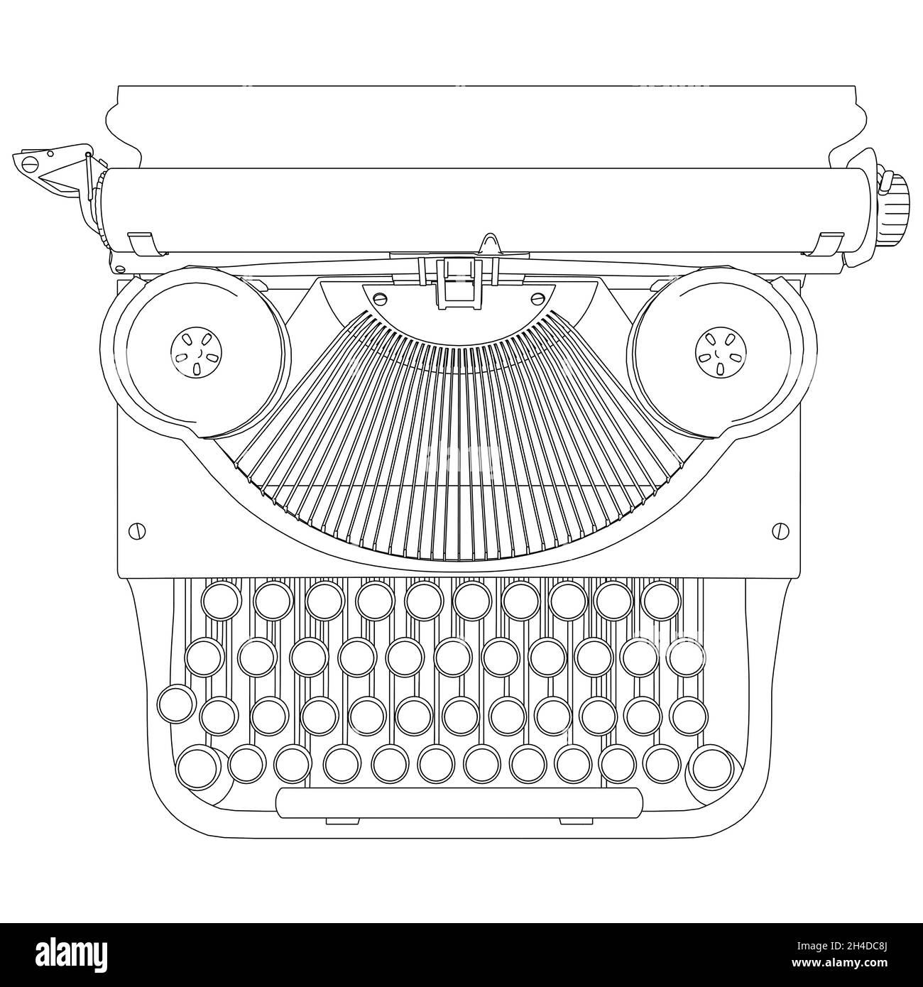 Outline of a vintage typewriter from black lines isolated on white background. View from above. Vector illustration Stock Vector