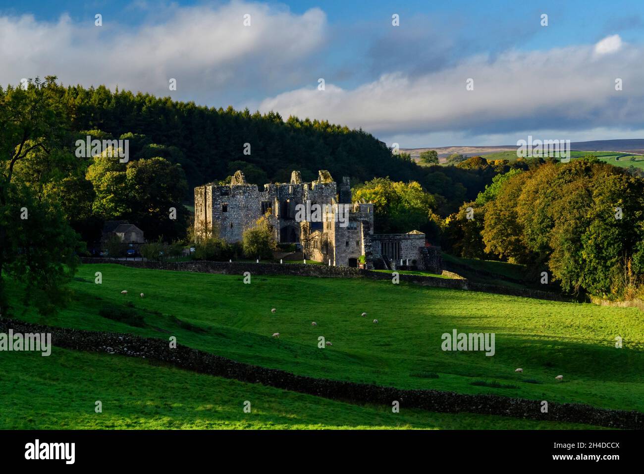 Barden Tower (historic ancient hunting lodge ruin in beautiful countryside setting) - scenic rural Bolton Abbey Estate, Yorkshire Dales, England, UK. Stock Photo