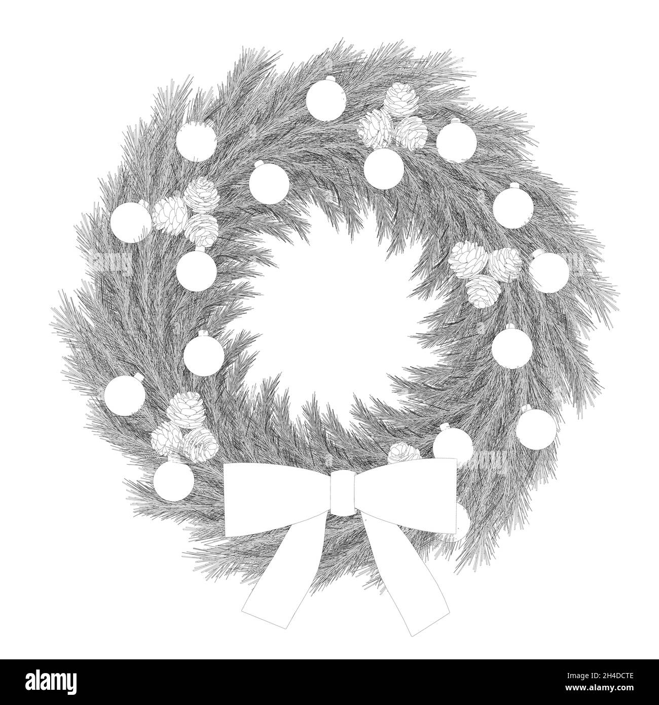 Contour of New Year's wreath with toys, pine cones and a bow of black lines isolated on a white background. Vector illustration Stock Vector