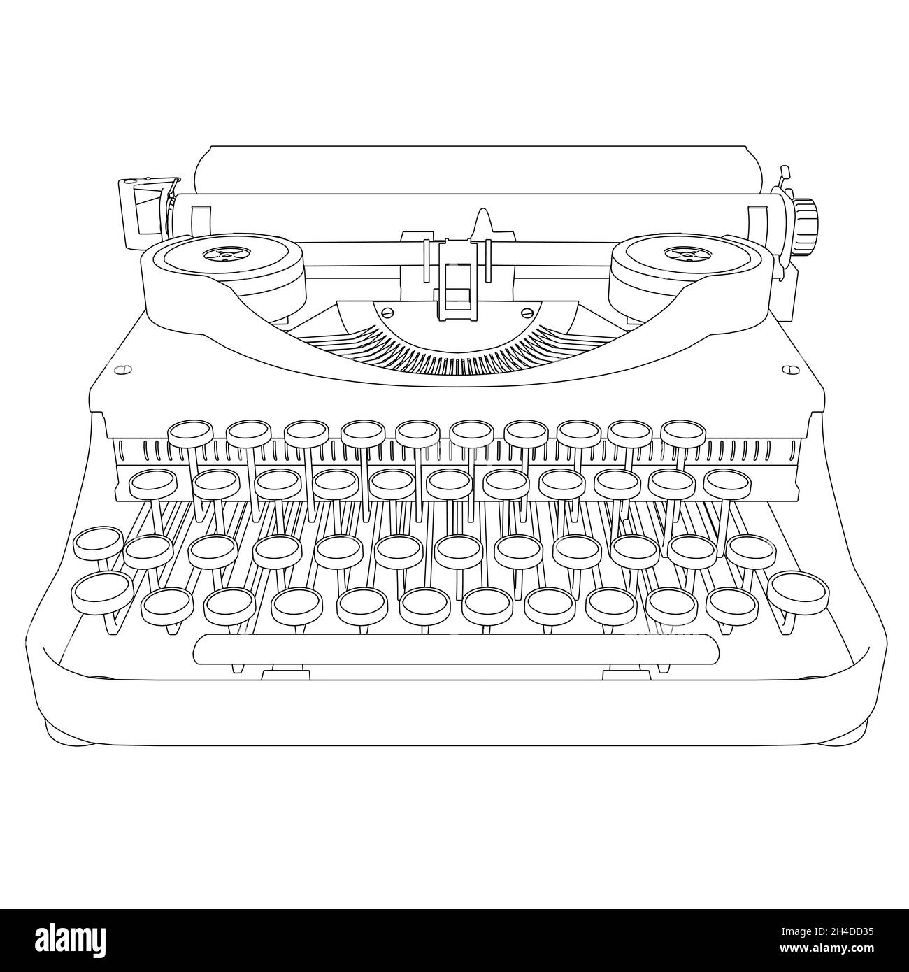 Outline of a vintage typewriter from black lines isolated on white background. Front view. Vector illustration Stock Vector