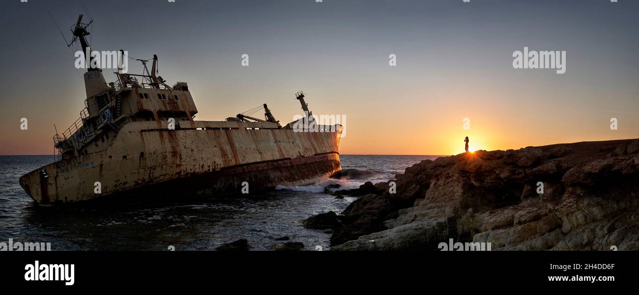 Panoramic photograph of the Edro Shipwreck in the Mediterranean sea, Coral Bay, Cyprus at sunset Stock Photo