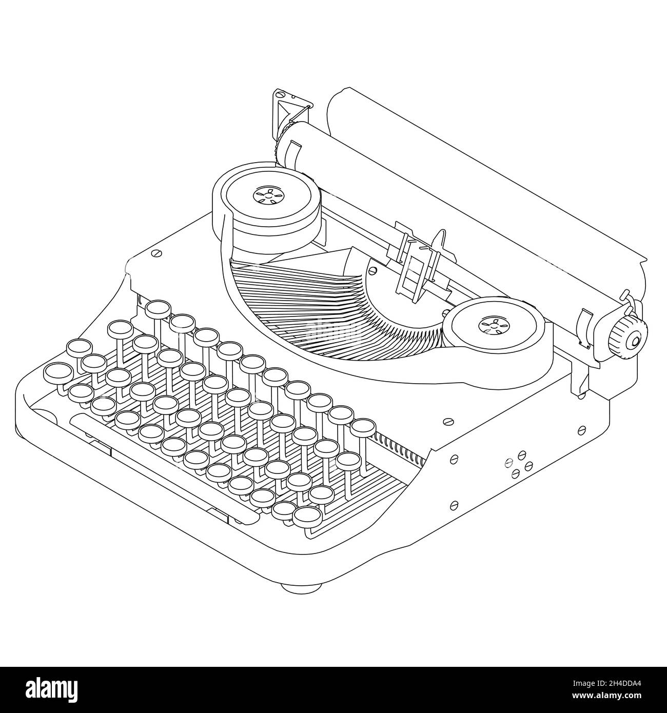 Outline of a vintage typewriter from black lines isolated on white background. Isometric view. Vector illustration Stock Vector