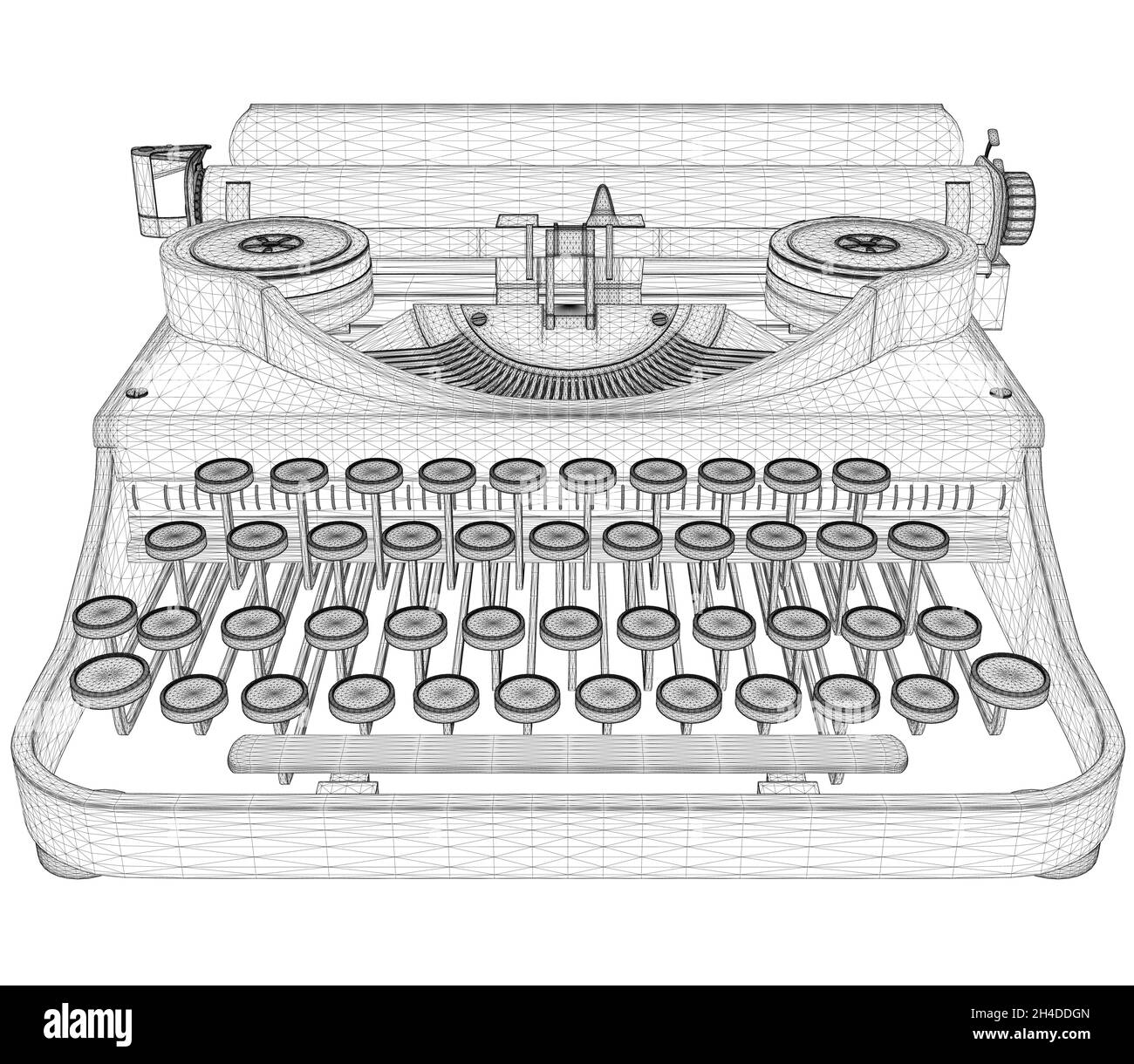Wireframe of a vintage typewriter from black lines isolated on white background. Front view. 3D. Vector illustration Stock Vector