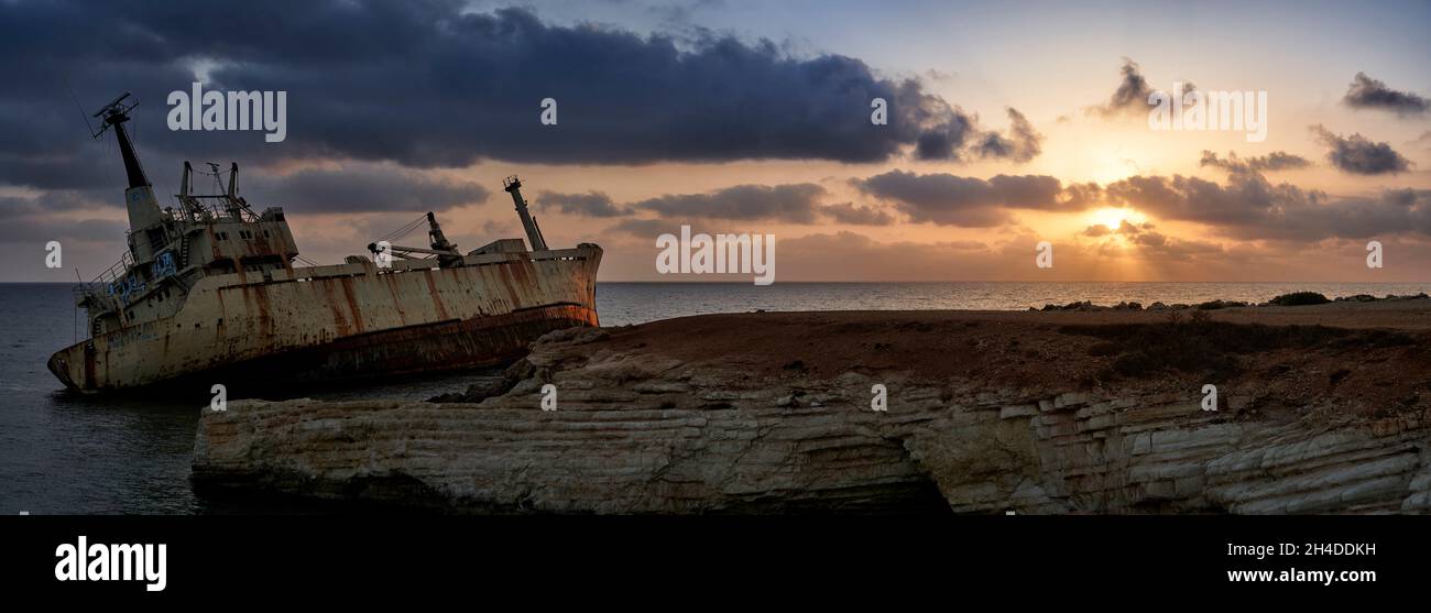 Panoramic photograph of the Edro Shipwreck in the Mediterranean sea, Coral Bay, Cyprus at sunset Stock Photo