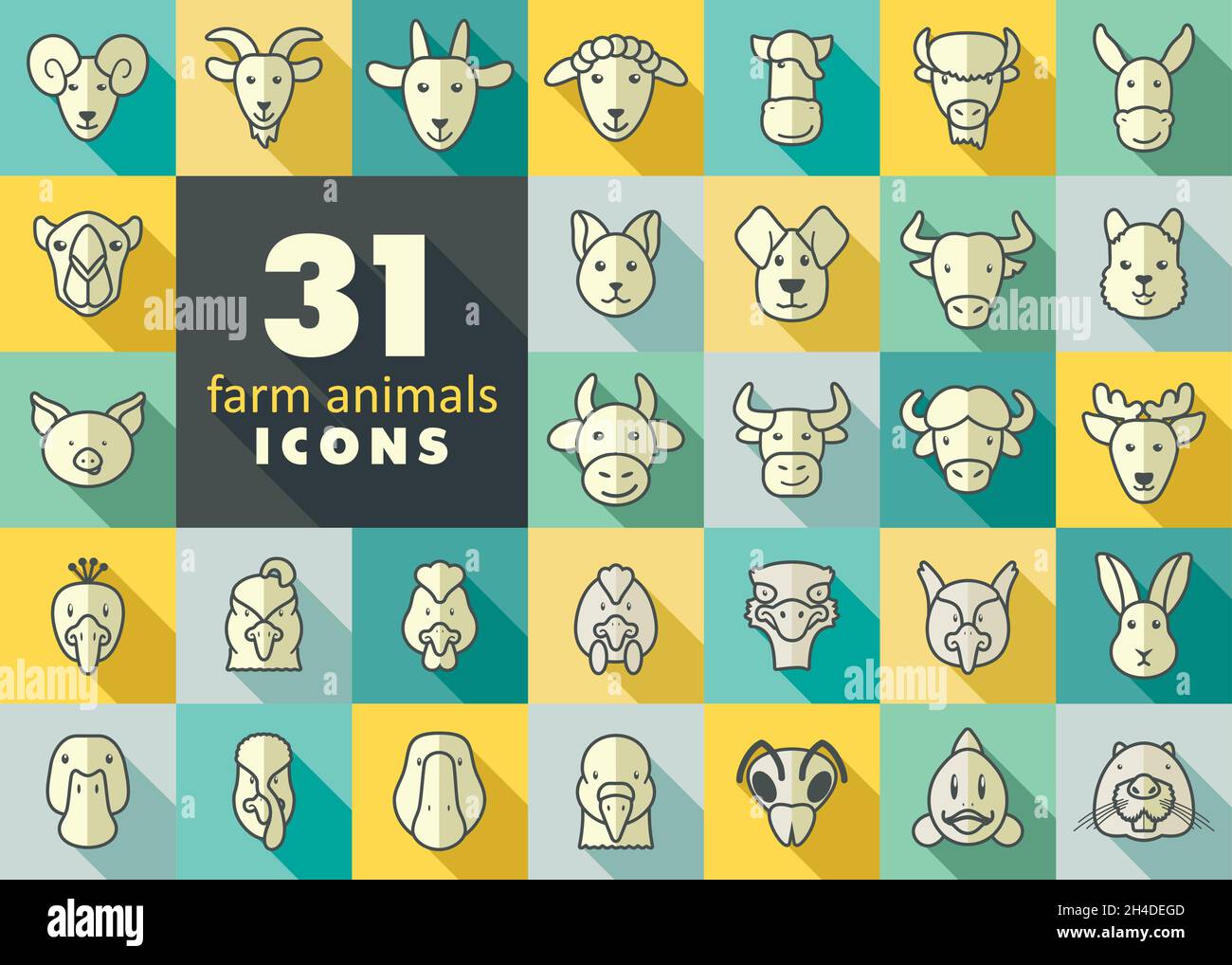 Set of farm animals icons. Vector head outline thin illustration. eps ...