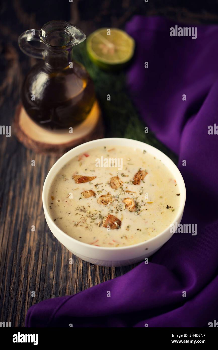 Delicious mushroom soup with cheese plate Stock Photo