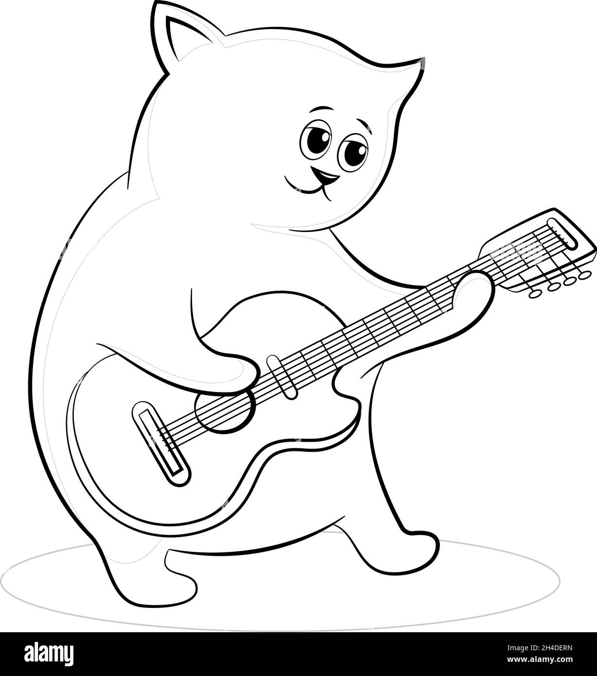 Cartoon Character Cat Musician with Guitar, Black Contours Isolated on White Background. Vector Stock Vector