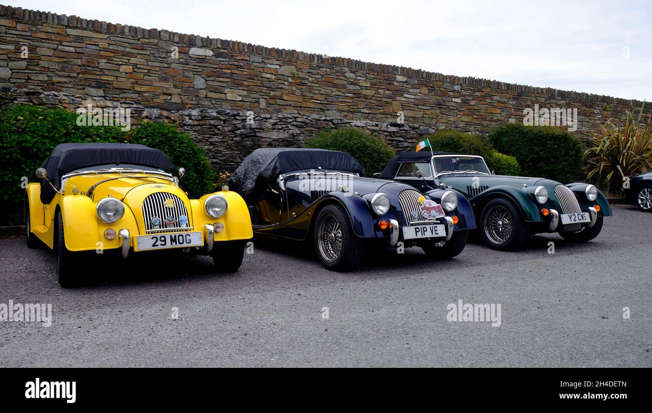 3 Morgan Plus Four sports cars lined up in West Cork Ireland Stock Photo