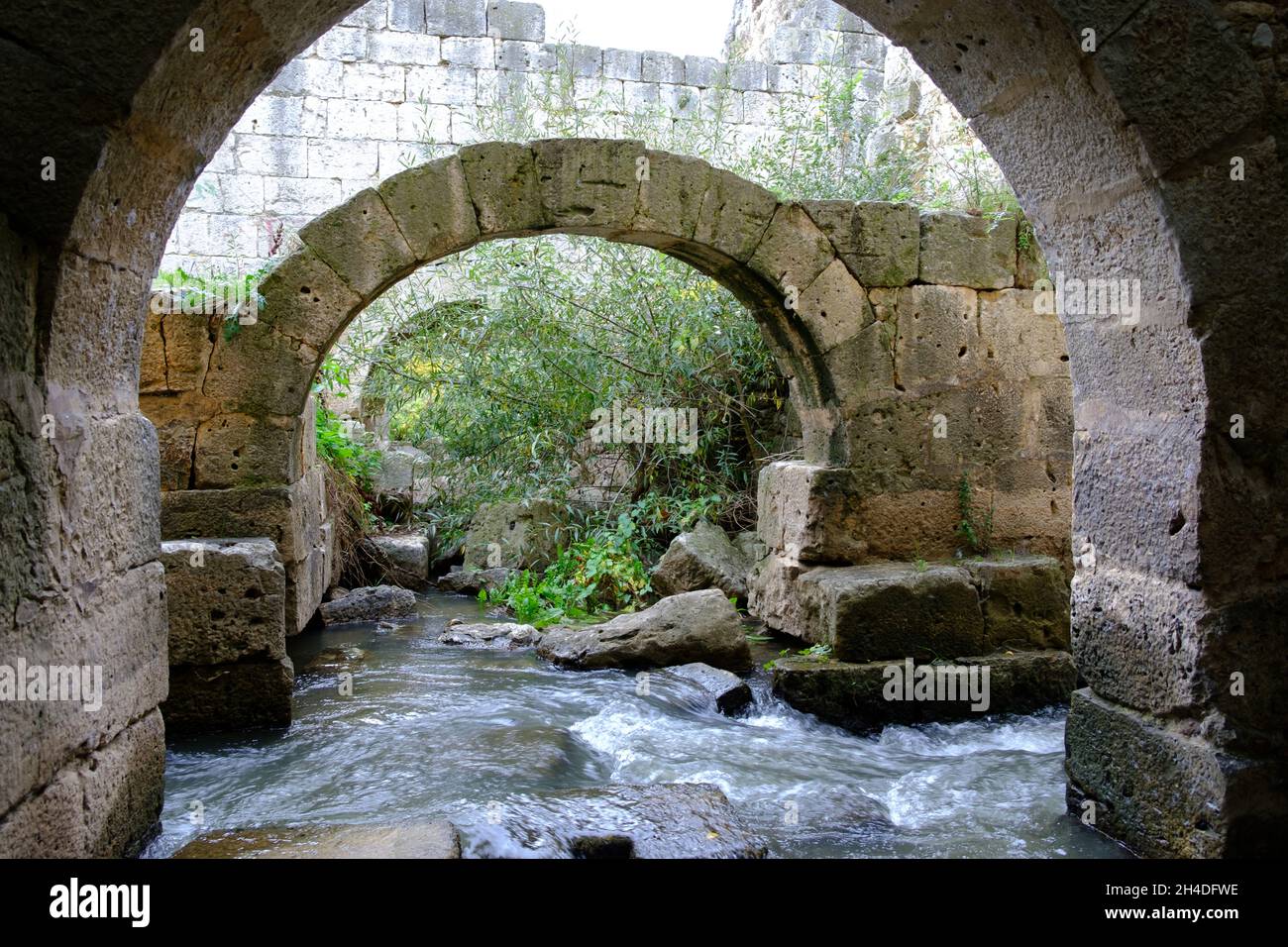 Ruins of an old stone mill on the Duero river Stock Photo