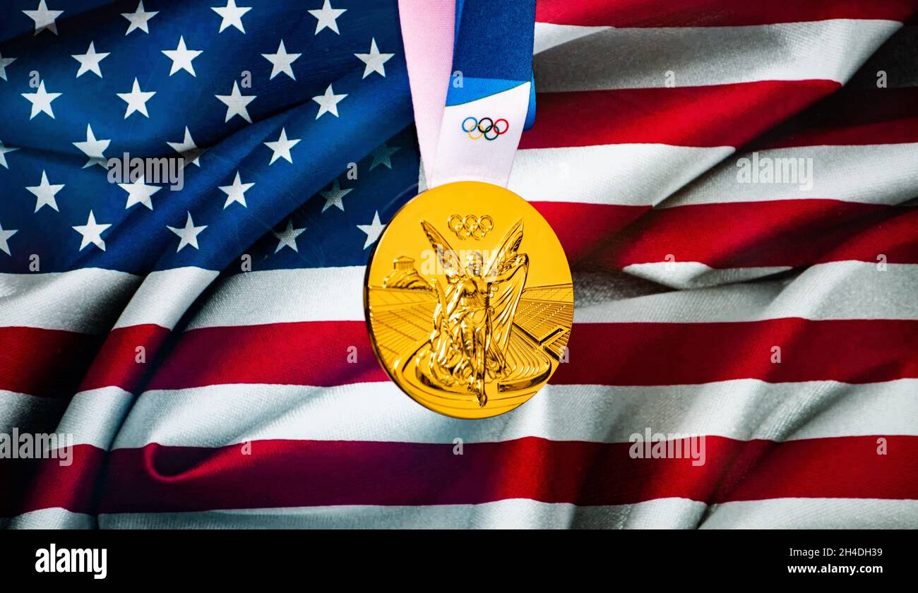 April 22, 2021 Beijing, China. Olympic gold medal against the
