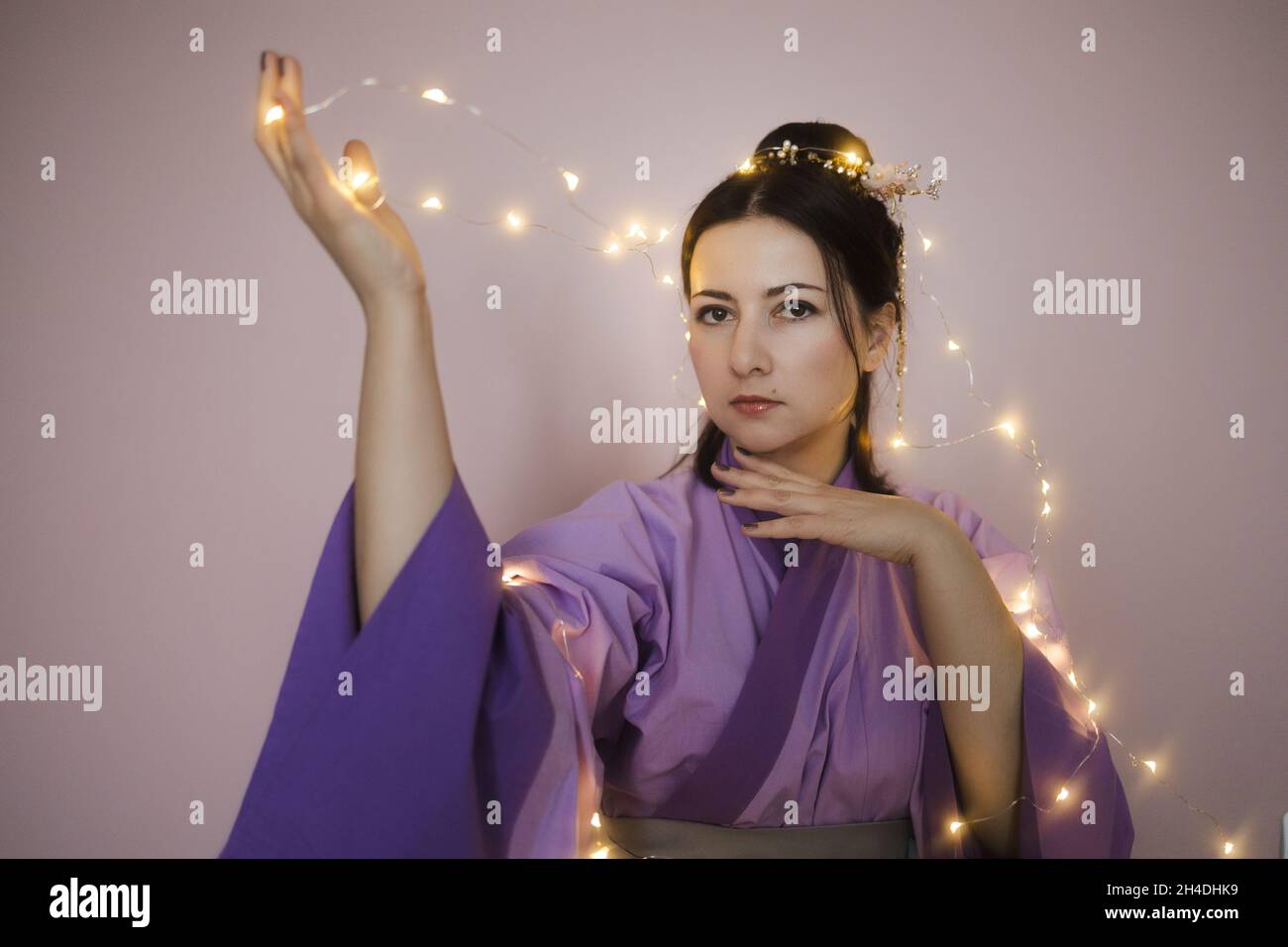 Caucasian woman posing in traditional Chinese hanfu dress. Concept
